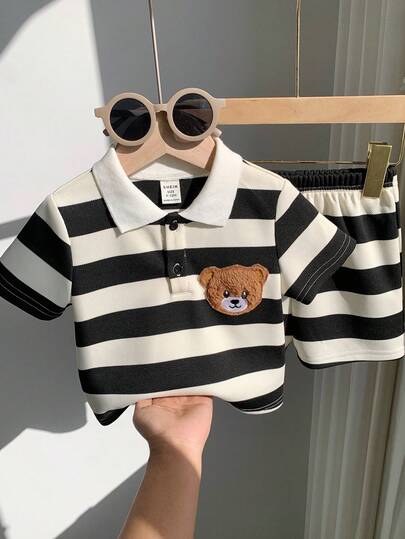 SHEIN 2pcs Baby Boy Casual Cute Bear Striped Short Sleeve Polo Shirt Set, Knit Outfit Suitable For Spring/Summer