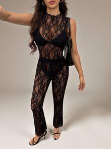 SHEIN Tall Lace Long Sleeve Sheer Jumpsuit With Sheer Pants Set Jumpsuits For Woman Party Lace Outfit Women Black Lace Jumpsuit Lace Jumpsuit Sexy Jumpsuit For Women - Black - View 7