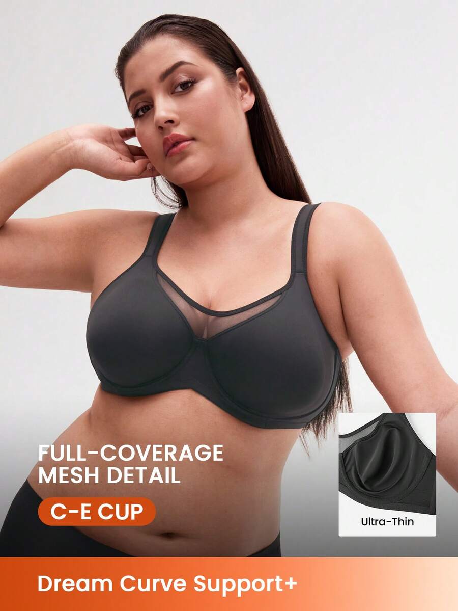 LUVLETTE Sujetador minimalista invisible sin costuras, con malla negra sexy, sin relleno, con soporte y transpirable para mujer talla grande - Negro - Ver 1