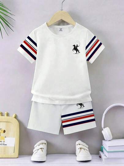 2pcs Baby Boy Graphic Letter & Number 23 Striped Sporty Style Short Sleeve T-Shirt And Shorts Set, Casual Fashion, Funny Pattern, Summer Outdoor Sports Outfit, Soft & Comfortable Toddler Boy Round Neck Tee + Shorts Set, Suitable For Children Wear, Outdoor Activities