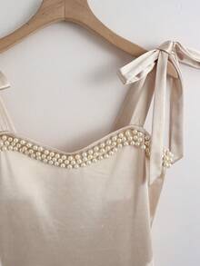 GlowEve 夏季新款度假连衣裙，缎面面料，系带珍珠装饰A字裙，杏色连衣裙，优雅女士连衣裙，优雅女士套装，女士夏季套装，优雅派对连衣裙，女士婚礼宾客礼服 - 杏色 - 查看 3