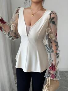 Selianne Women's Elegant Off-White Autumn Dinner Date Shirt,V-Neck Waist Cinched Puff Sleeve Embroidered Mesh Rose Floral Splice, Vacation Outings - Apricot - View 4
