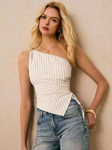 Poéselle Blusa sin mangas asimétrica casual a rayas para mujer, de verano - Albaricoque - Ver 2