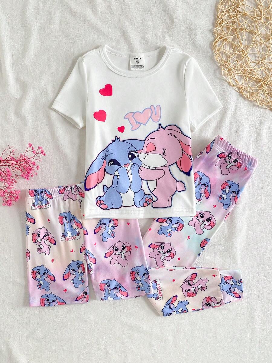 3pcs Girls Pajamas Set - Cute Blue & Pink Rabbit Print Snug Fit T-Shirt, Shorts And Leggings Snug Fit Girls Pajama Set Short Sleeve Pajama Set - Multicolor - View 1