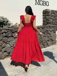 Sunnyshic 加大码红色波点短袖蝴蝶结装饰修身长裙，简约休闲夏季旅行度假装 - 紅色 - 查看 2