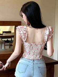 Joudiya Spring & Summer Ditsy Floral Pink Chiffon Blouse, Casual Vacation Beach Style, Tie Front Crop Top Design, Fitted Waist Women Shirt - Pink - View 4