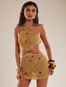 SHEIN BAE Vestido Casual com Paetês Sem Costas para Férias na Praia para Mulheres - Dourado - Visão 7