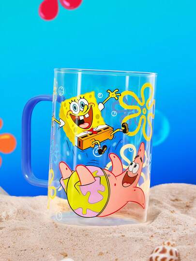 SpongeBob SquarePants | SHEIN 1Pc 27.1oz/800ml Cute Cartoon Pattern Printed Borosilicate Glass Mug, Cold And Heat Resistant, Suitable For Milk, Juice, Coffee, Etc