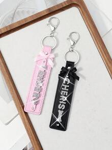 ROMWE 1款全新韩版甜美酷炫时尚精致暗黑哥特风黑/粉色皮革织带蝴蝶结亮银色水钻字母爱心骨头DIY钥匙扣配饰包包挂件，颜色随机，适合情侣、姐妹、女友、女孩和女士日常佩戴、节日礼物 - 彩色 - 查看 2