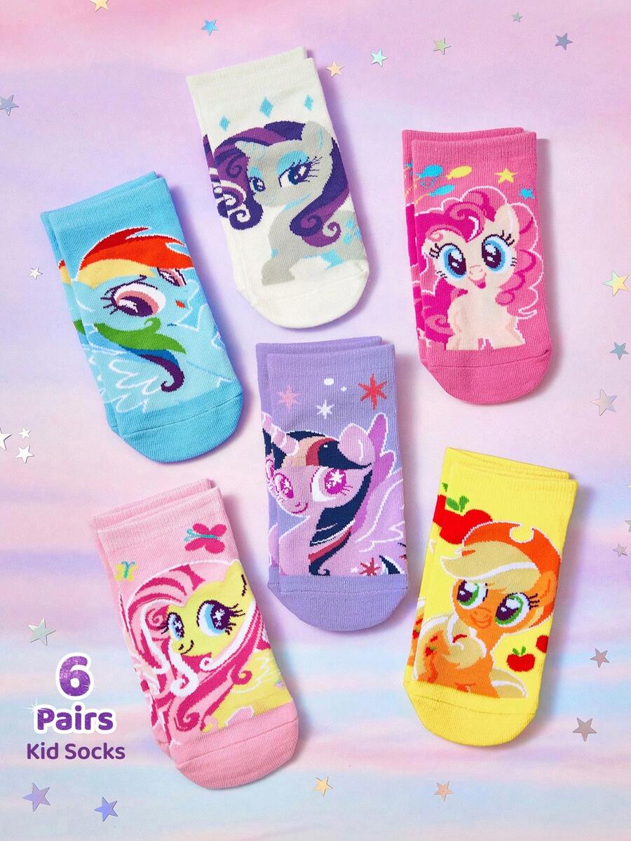 My Little Pony X SHEIN 6雙裝兒童純棉柔軟透氣吸濕襪 可可愛卡通獨角獸圖案 女孩襪 加強腳趾與腳跟 耐穿四季款 - 彩色 - 查看 1