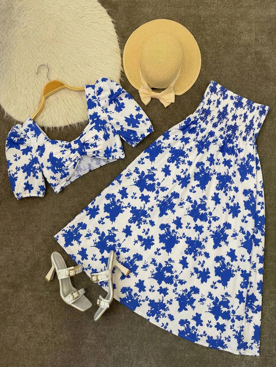 SHEIN LUNE Plus Size Women Spring/Summer Solid Color Printed Cropped Tank Top And Mini Skirt Vacation Set - Blue and White - View 1