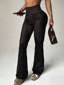 Core Rhythm Women's Regular Waist Black Polka Dot Print Flared Pants, Suitable For Daily Casual Wear, Running, Yoga, Gym, Tennis, Golf And Other Sports Activities, Autumn/Winter - Multicolor - View 3