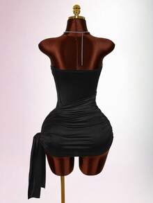 Amplova Women's Sexy Tie-Up Mini Dress, Sequins Embellished Tie-Up Wrap Hem, Suitable For Party & Nightclub - Black - View 2