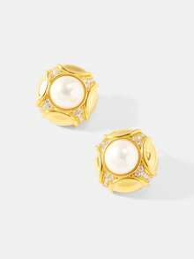 MOTF PREMIUM 铜合金仿珍珠耳环，镀18K金耳钉，高贵气质，时尚复古欧美风格 - 金色 - 查看 2