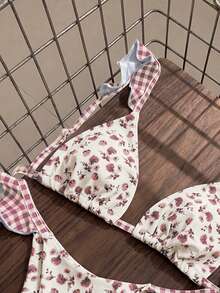 Swim Mod 两件套女士沙滩装 - 时尚可爱性感假日派对格子碎花随机印花荷叶边可调节肩带露背三角比基尼上衣和荷叶边可爱比基尼泳裤套装 - 彩色 - 查看 4