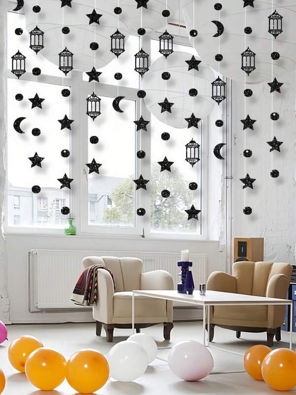 1SET Easy-To-Hang Reusable Star And Moon Black Banner Decoration Set For Parties Festivals Birthdays Weddings Celebrations Home Decor Event Supplies And Holiday Decorations
