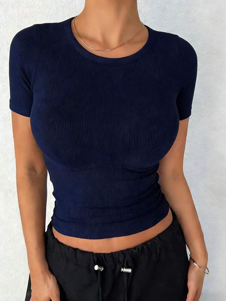 Women's Solid Color Round Neck Fitted Casual Summer Short Sleeve Top Crop Tops Women