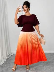 Elenzga Casual Plus Size Co-Ord For Women Boat Neck Batwing Sleeve Top And Pleated Gradient Skirt Outfit,Plus Size Women 2-Piece Set, Brown-Red Ombre Pleated Top And Ombre Skirt, Elegant For Parties, Commuting, Afternoon Tea - Multicolor - View 1