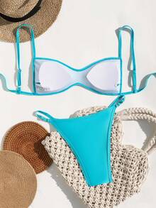 Swim SXY 2pcs Women's Bikini Set, Blue Sequin Embroidery Micro Cup Sexy Backless Tie Adjustable Strap, Suitable For Holiday, Beach, Travel, Pool Party - Blue - View 7