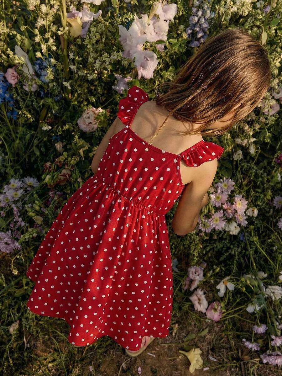 SHEIN Young Girl Woven Polka Dot Square Neck Ruffle Hem Casual Dress - White - View 1