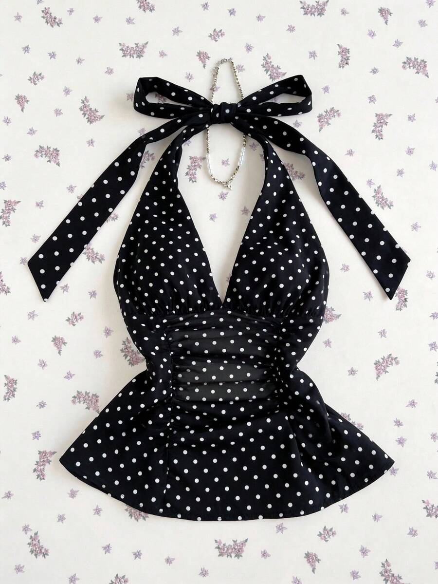 Elamini 女士黑色波点露背修身上衣，适合野餐、约会和休闲穿着 - 黑色 - 查看 1