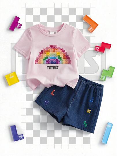 Tetris™ X SHEIN Set tricou și pantaloni scurți cu imprimeu colorat de tastatură pentru bebeluși - fetiță
