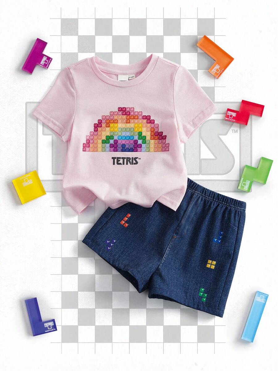 Tetris™ X SHEIN 女婴彩色键盘印花T恤和短裤套装 - 彩色 - 查看 1