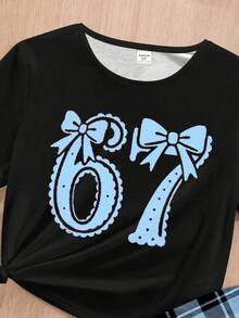 少女67号数字蝴蝶结印花黑色圆领短袖上衣配格子裤两件套 - 彩色 - 查看 4