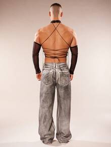 FeverCity Men's Halter Backless Fringe Design Sexy Versatile T-Shirt - Black - View 7