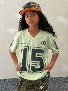 少女春夏V领短袖拼接袖口数码印花T恤 - 軍綠色 - 查看 1