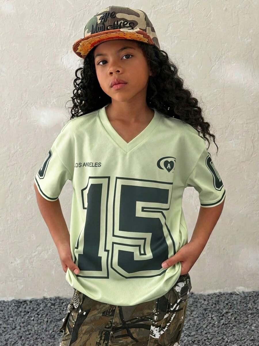 少女春夏V领短袖拼接袖口数码印花T恤 - 軍綠色 - 查看 1