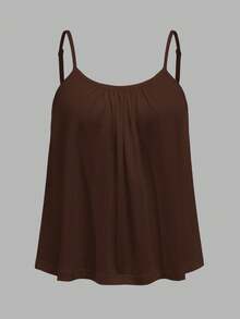 SHEIN EZwear 3pcs Plus Size Women Pleated Loose Camisole Adjustable Strap Suitable For Spring & Summer Dark Brown Tops 3 Pack Babydoll Woman Earthy Cami - Multicolor - View 9