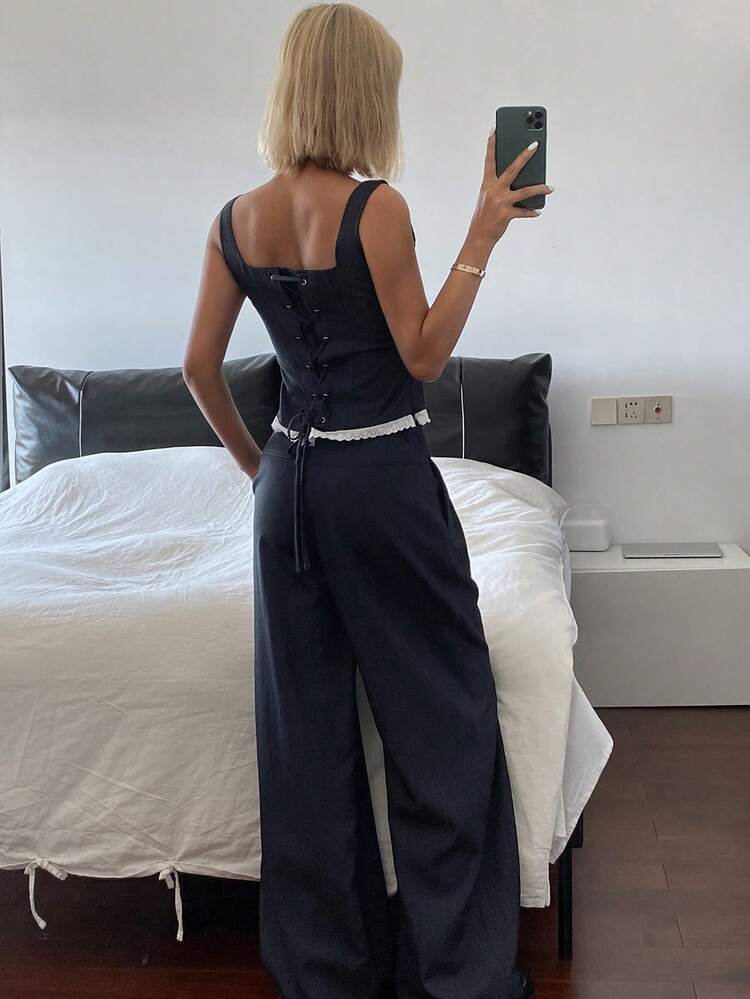 Women's Square Neck Camisole Top With Tie Back And Contrast Ruffle Trim, Paired With Loose Wide Leg Pants, Vacation Style Casual 2-Piece Set Summer