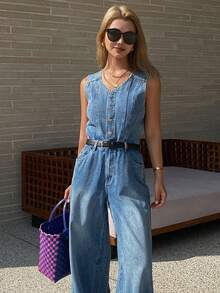 Women's V-Neck Strap Washed Denim Jumpsuit, Casual City Style Y2k - Medium Wash - View 2