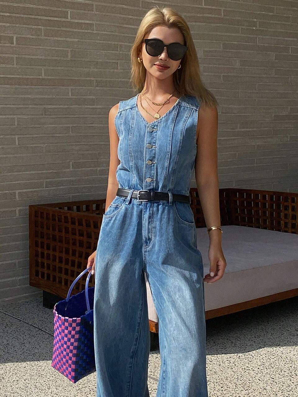 Women's Solid Color V-Neck Front Button Casual Sleeveless Denim Jumpsuit Petite