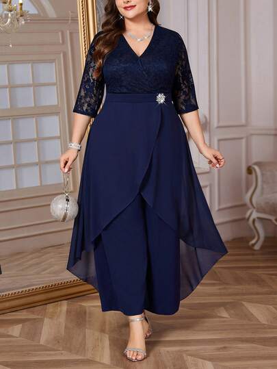 Reflora 大码优雅蕾丝拼接V领穆斯林连体裤，适合夏季女士套装、西式连衣裙、大码女装、裤子、连衣裙、蓝色大码服装、正式场合、派对、锐舞派对、乡村音乐会、毕业典礼、女士优雅连体裤、新年服装、感恩节服装、奢华大码穆斯林连体裤