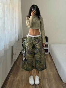 StreetHx Y2K Casual Street Style Camouflage Low-Waist 7/8 Jeans - Medium Wash - View 4