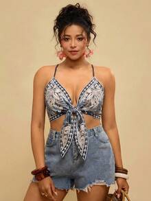 Travachic Áo hai dây cỡ lớn dành cho nữ, in họa tiết hoa, thiết kế xoắn, xếp ly, thích hợp cho các buổi hẹn hò và đi chơi. - Nhiều màu - Xem 6