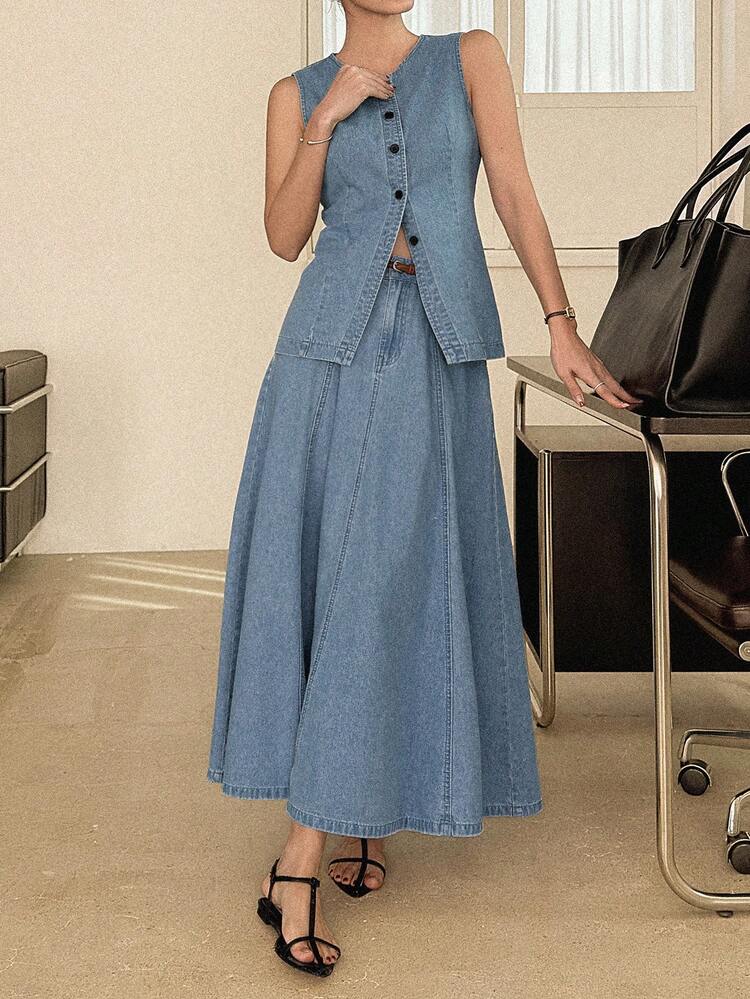 Women's Round Neck Waist Cinched Long Denim Vest And Long A-Line Denim Skirt Casual Vacation Outfit