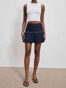 ATUI Studio Women's Summer Casual Fashionable Rivet Detail Asymmetric Hem Denim Mini Skirt - Blue - View 3
