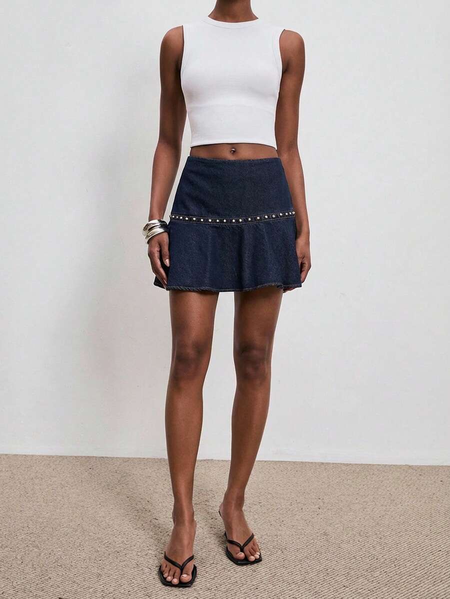 ATUI Studio Women's Denim Mini Skirt, Asymmetric Hem With Studded Rivet Detail, Casual Summer Fashionable Jean Skirt For Vacation Going Out Daily - Blue - View 1