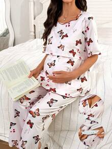 SHEIN 女士休闲蝴蝶印花哺乳套头衫和裤子孕妇睡衣套装 - 彩色 - 查看 6