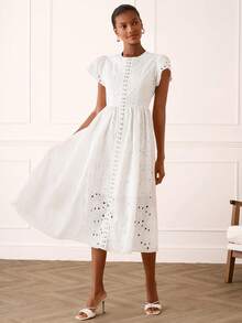Lilora Women's Elegant White Summer Dress,Embroidered Eyelet Midi Dress With Puffy Short Sleeves,Sophisticated Graduation,Resort Wear & French Style Picnic - White - View 5
