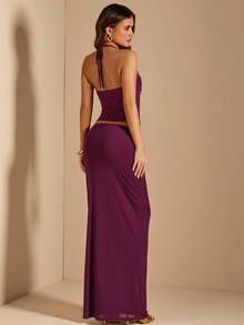 SHEIN BAE 女士紫色丝带设计吊带上衣和迷你裙两件套，春夏时尚单品 - 紫色 - 查看 2