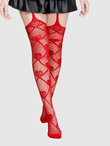 ROMWE Kawaii 1双女士黑色心形带扣渔网袜，四季皆宜 - 紅色 - 查看 4