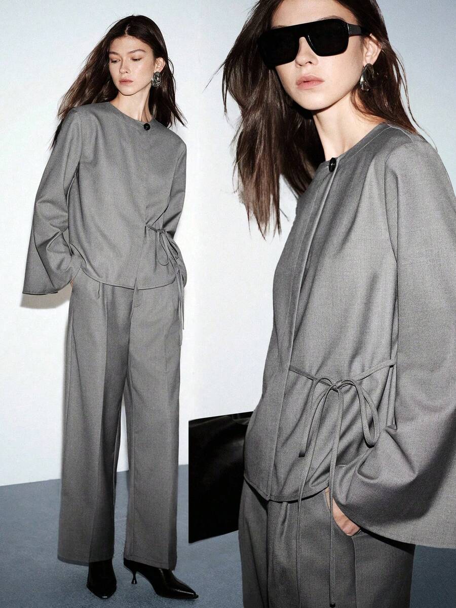 Lumivelle Conjunto de 2 piezas de mujer: Chaqueta larga de manga de murciélago con cuello redondo y atar a un lado + Pantalones rectos - Gris - Ver 1