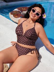 Swim Mod Women's Polka Dot Print Sweet Beach Halter Neck Bikini Set, Plus Size, Spring/Summer - Multicolor - View 5