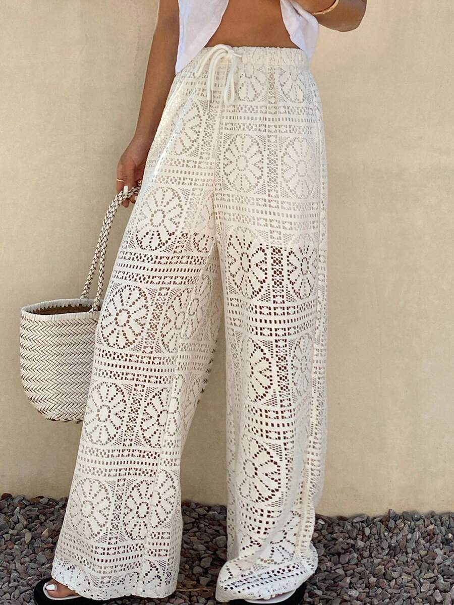 Livesso 女士抽绳腰带休闲百搭日常阔腿裤 - 白色 - 查看 1