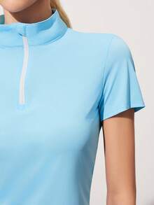 CourtClass CourtClass Women's Fashionable Golf Polo Shirt,Front Zipper Half-Open Collar Short Sleeve Fitted Sports Top,Elegant Summer Tennis Outfit,Baby Blue Golf Attire - Baby Blue - View 4