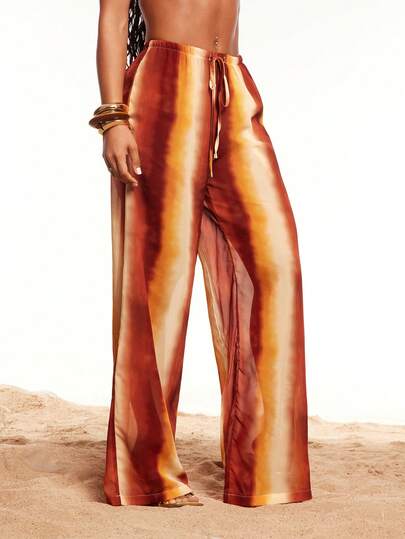 Radiana Women's Casual Tie-Dye Print Chiffon Sheer Lace-Up Low Waist Wide Leg Long Pants, Suitable For Beach Vacation, Beach, Holiday Outings, Loose And Comfortable Low Waist Long Pants